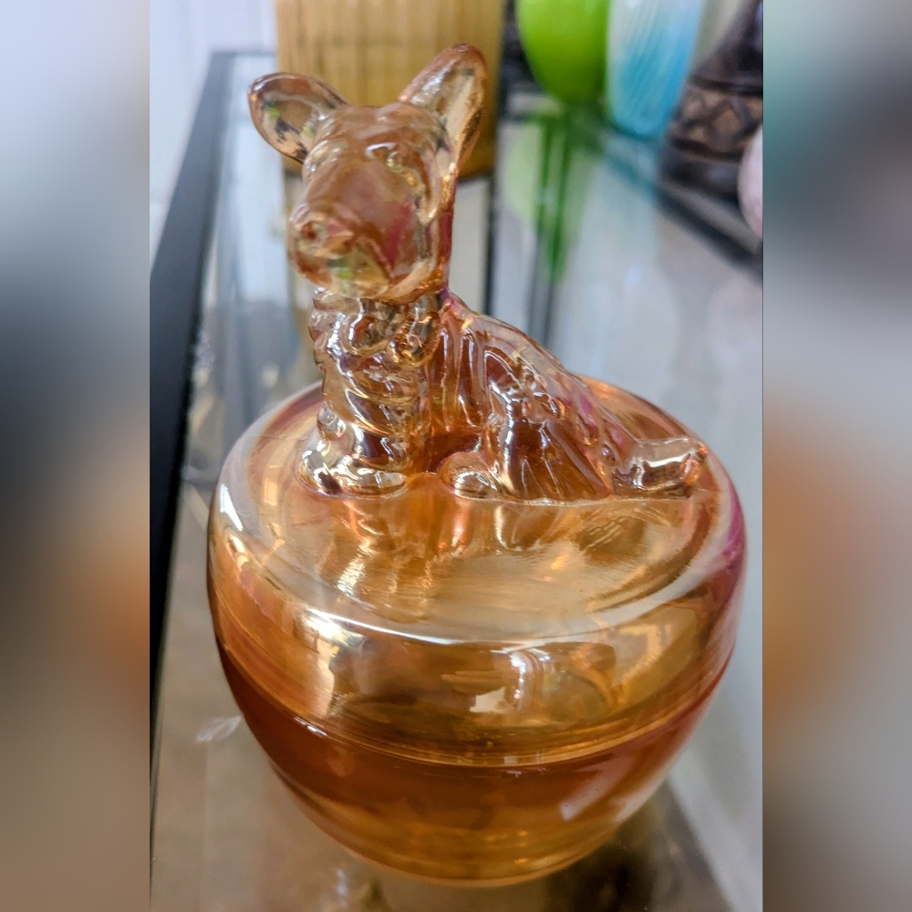 Vintage Marigold carnival glass powder jar with Scott Amber